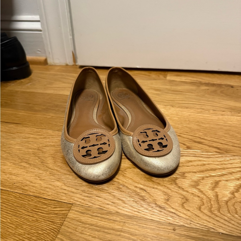 Tory Burch Metallic Leather Logo Ballet Flats